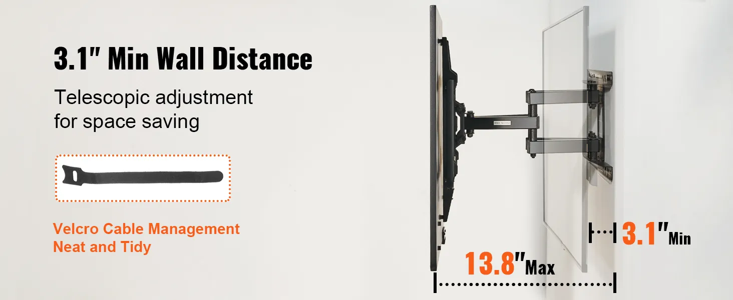 VEVOR full motion tv mount, 3.1" min wall distance, telescopic adjustment, velcro cable management.