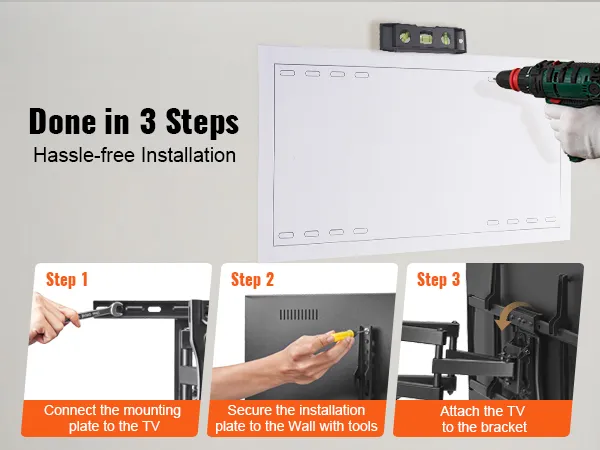 hassle-free installation guide for VEVOR full motion tv mount in three simple steps.