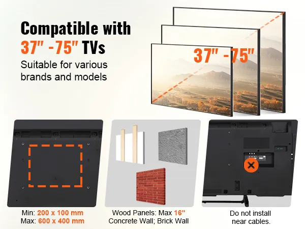 compatible with 37"-75" tvs, VEVOR full motion tv mount supports various wall types and vesa patterns.