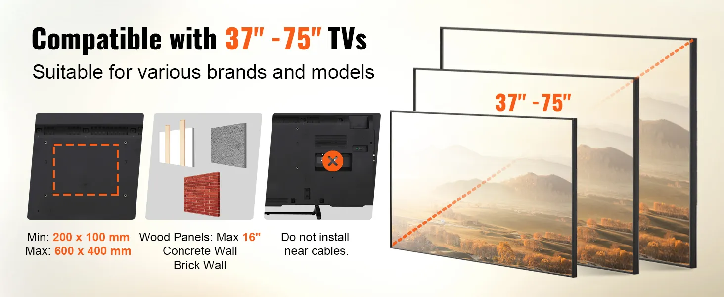 compatible with 37"-75" tvs, VEVOR full motion tv mount supports various wall types and vesa patterns.