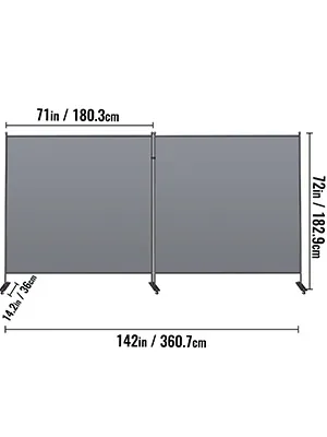 Dimensiones de la mampara de oficina VEVOR: 71 x 72 pulgadas cada panel, ancho total 142 pulgadas.