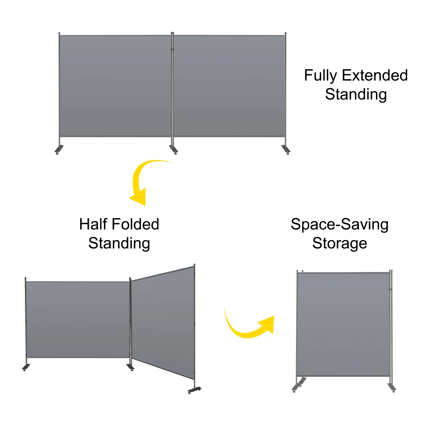 Mampara de oficina VEVOR: totalmente extendida, plegada a la mitad y con opciones de almacenamiento que ahorran espacio.