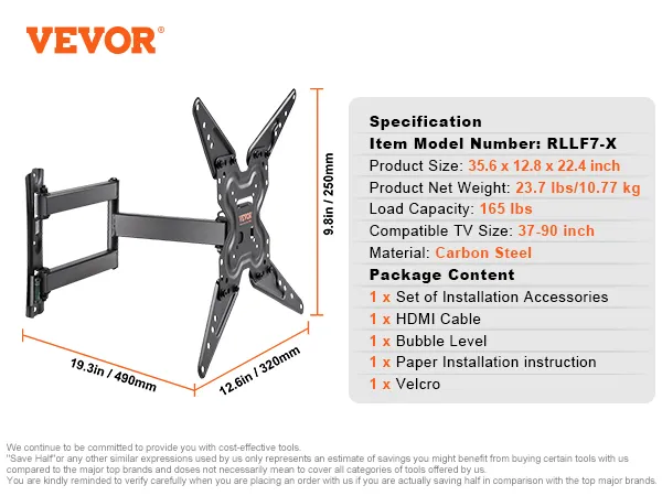 VEVOR tv mount rlmf3-e model, 19.3x12.6 in, carbon steel, 99 lbs load, fits 26-55 in tvs.