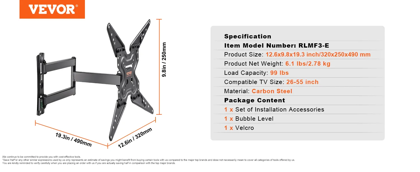 VEVOR tv mount rlmf3-e model, 19.3x12.6 in, carbon steel, 99 lbs load, fits 26-55 in tvs.