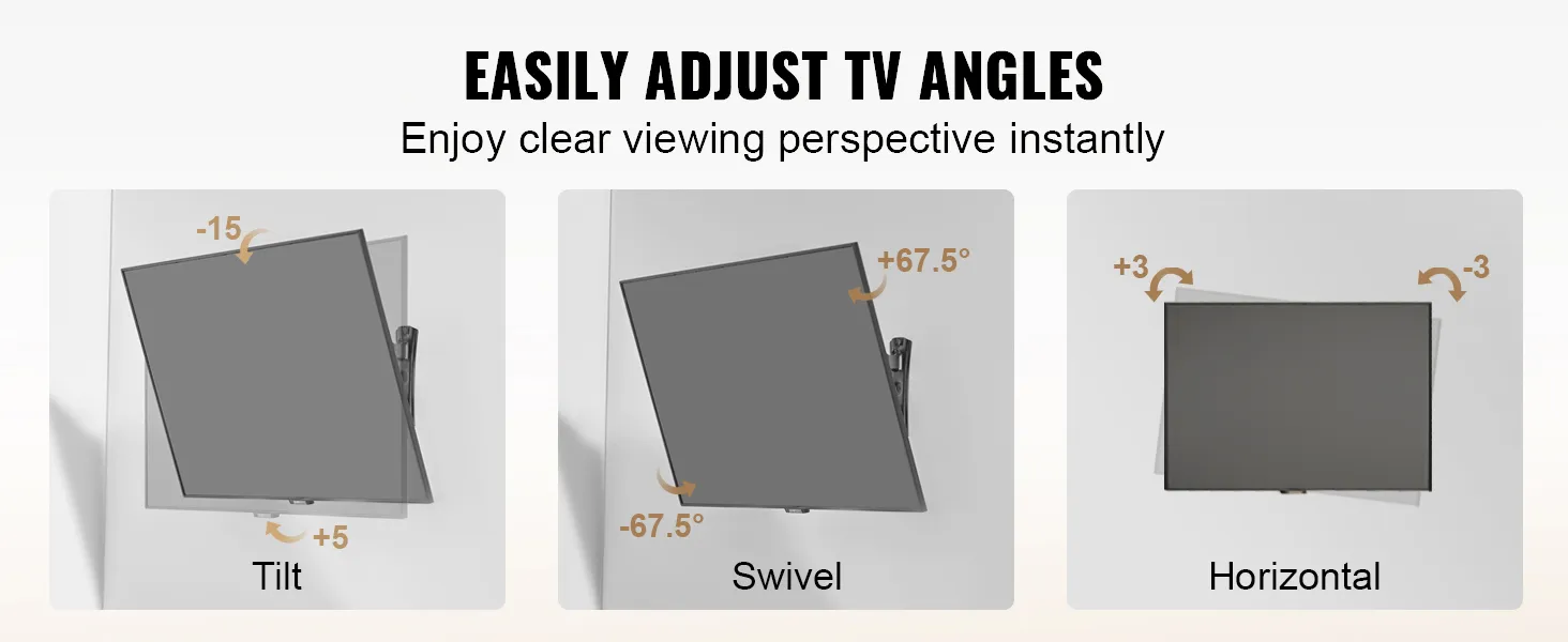 easily adjust tv angles with the VEVOR tv mount for tilt, swivel, and horizontal viewing.