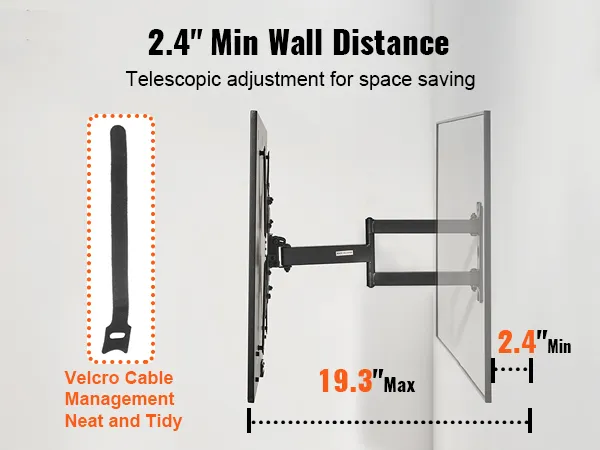 VEVOR tv mount with 2.4" minimum wall distance, telescopic adjustment, and velcro cable management.