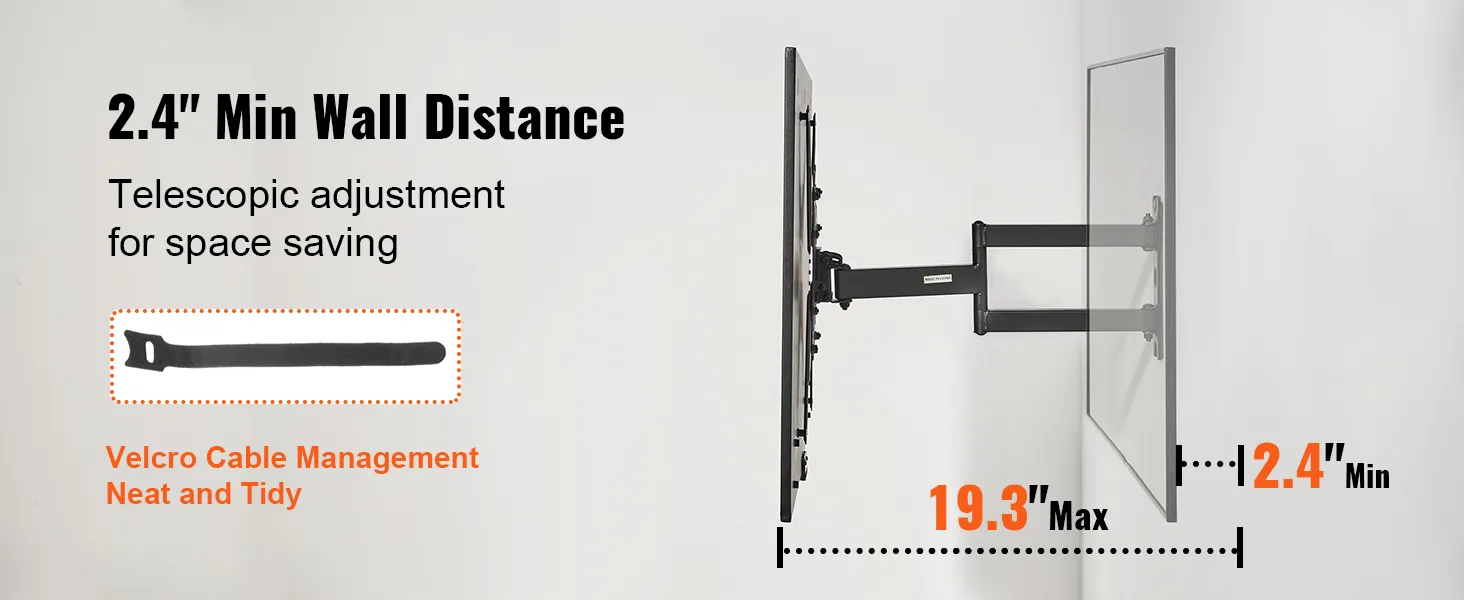 VEVOR tv mount with 2.4" minimum wall distance, telescopic adjustment, and velcro cable management.