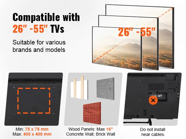 VEVOR tv mount for 26"-55" tvs, compatible with wood, concrete, and brick walls.
