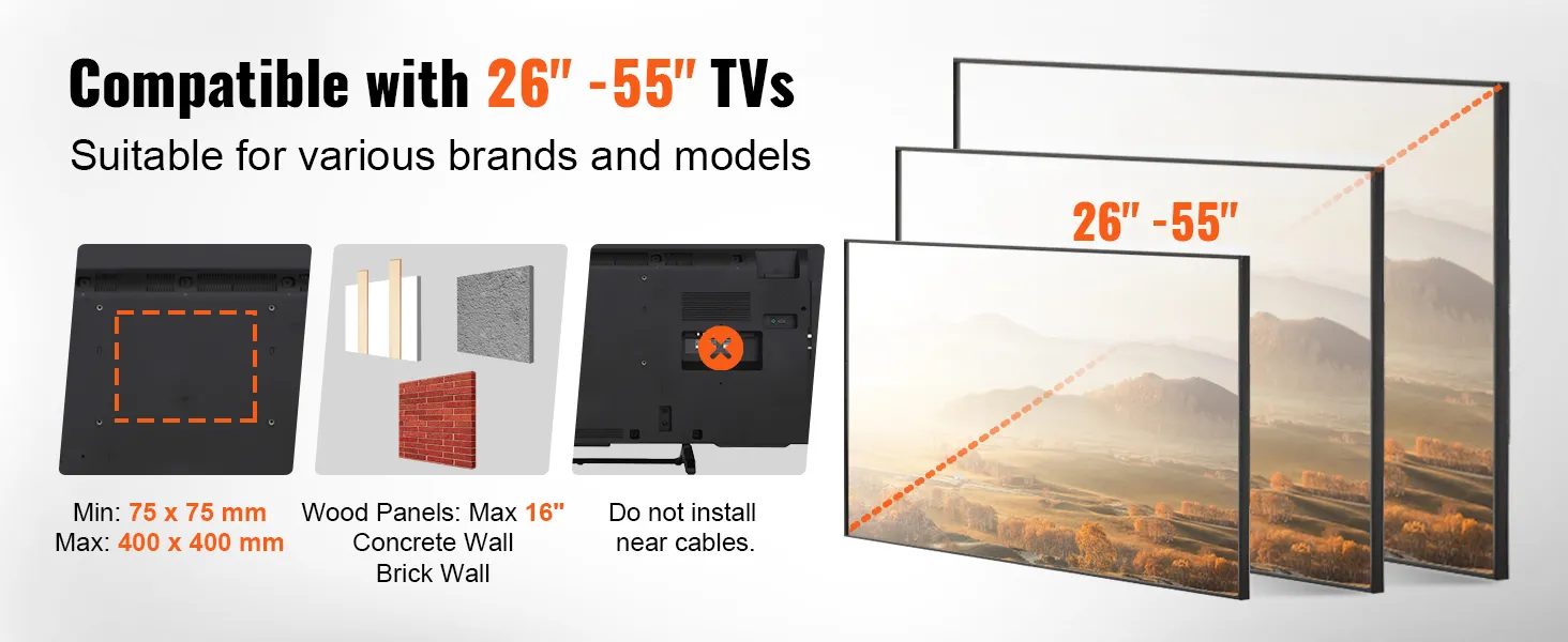 VEVOR tv mount for 26"-55" tvs, compatible with wood, concrete, and brick walls.