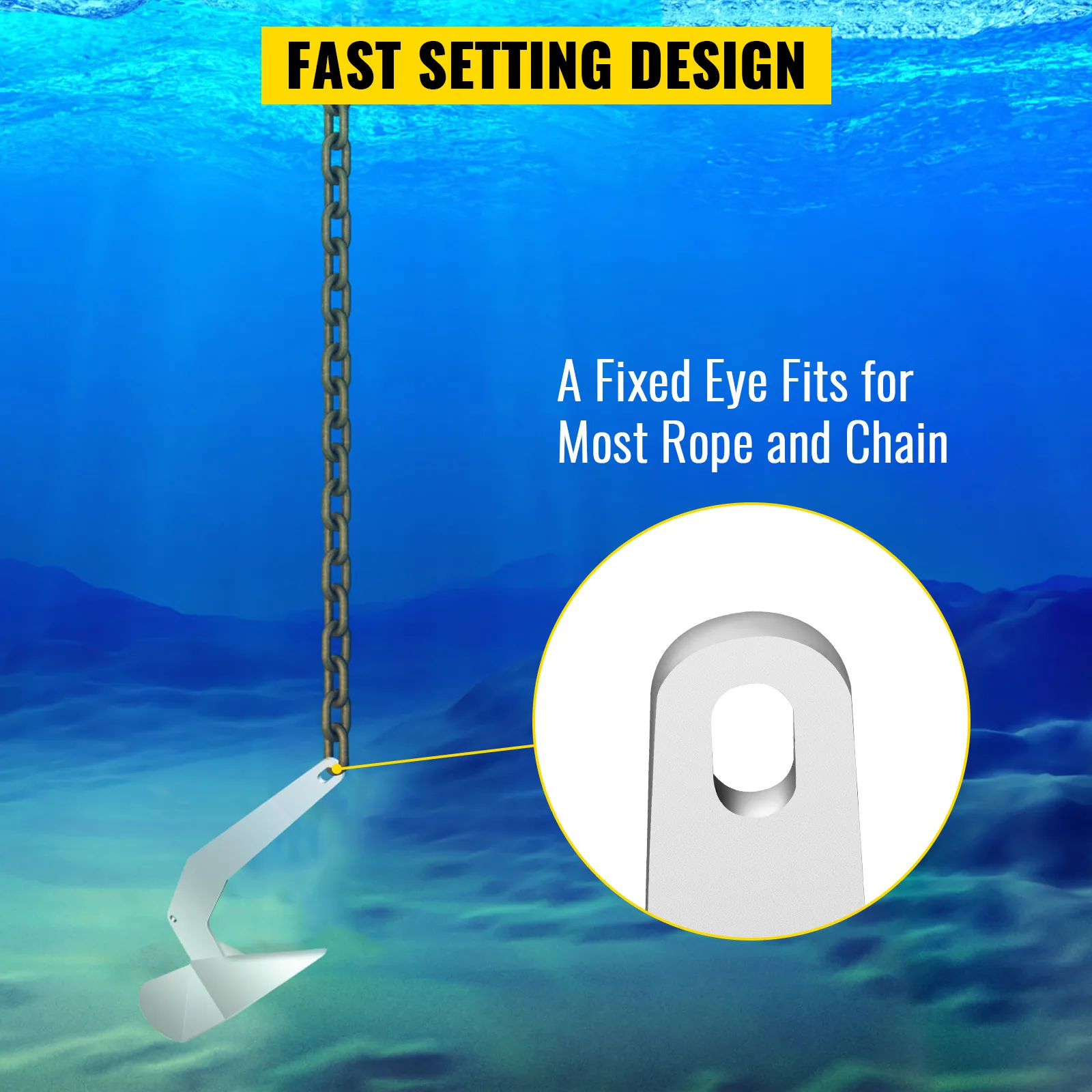 Ancla de barco delta VEVOR subacuática con cadena y ojo fijo para cuerda y cadena.