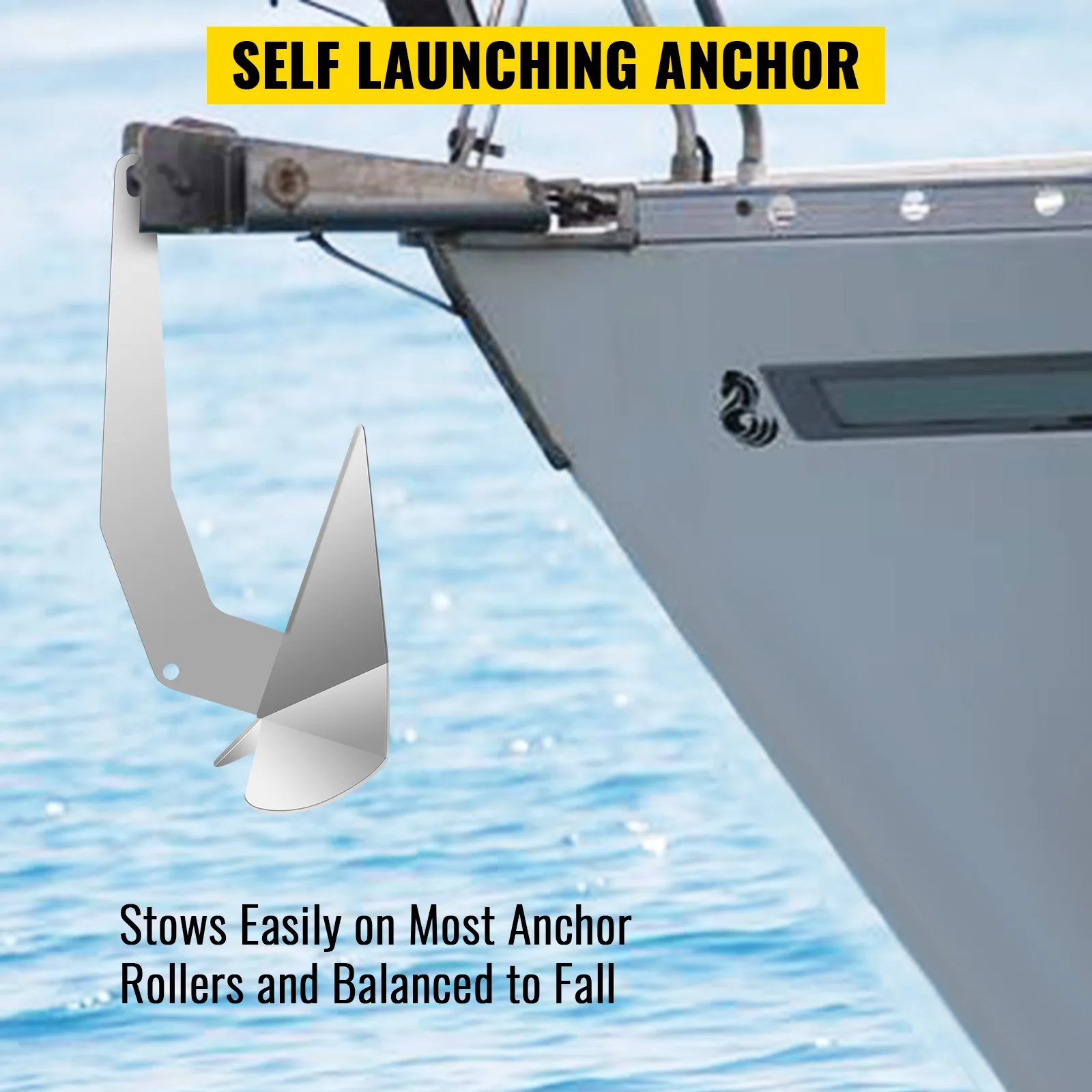 Ancla de barco delta VEVOR guardada en un barco con función de botadura automática.