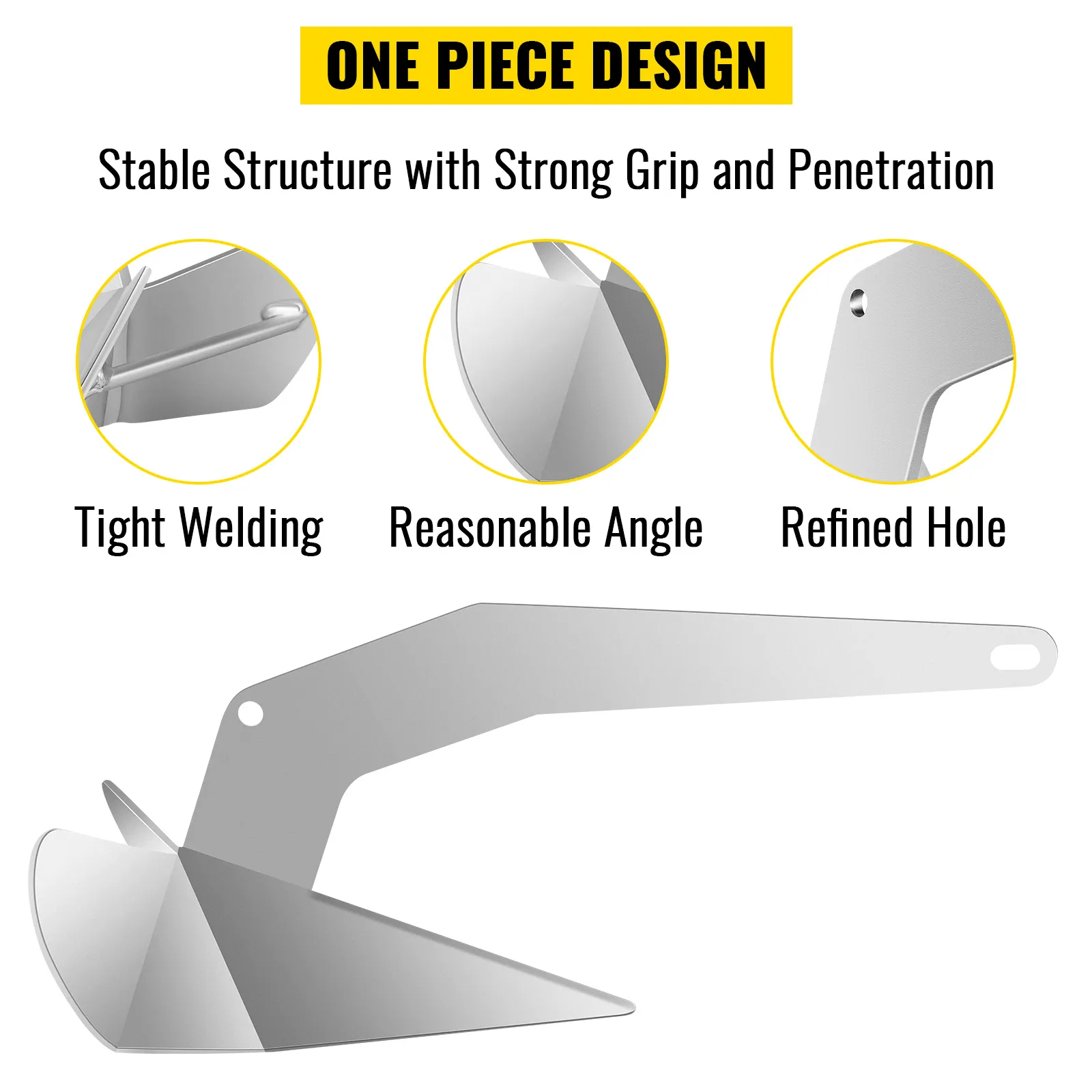 Anclaje para barco delta VEVOR con agarre fuerte, orificio refinado, ángulo razonable y soldadura firme.