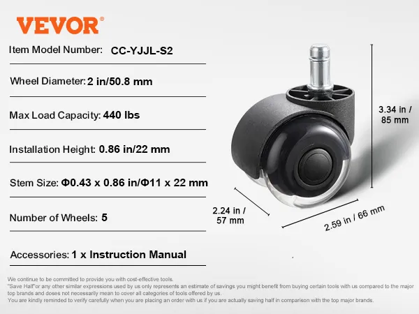 VEVOR office chair wheels, 2-inch size, load capacity 440 lbs, set of 5, model cc-yjjl-s2.