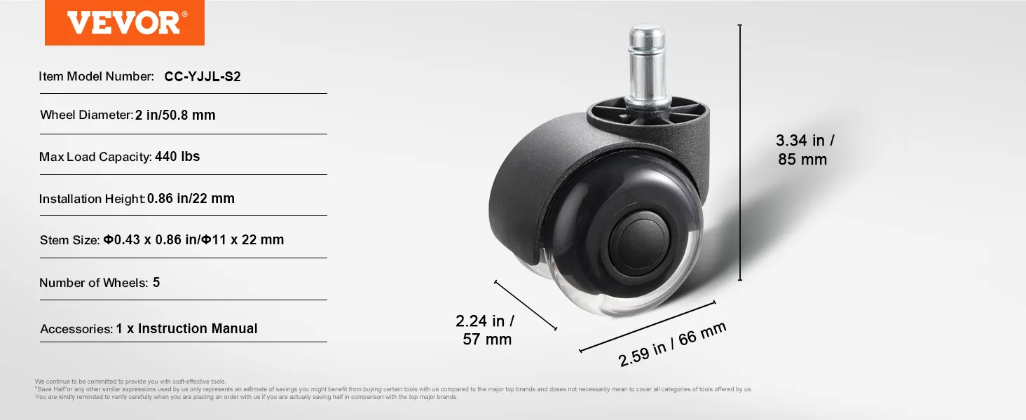 VEVOR office chair wheels, 2-inch size, load capacity 440 lbs, set of 5, model cc-yjjl-s2.