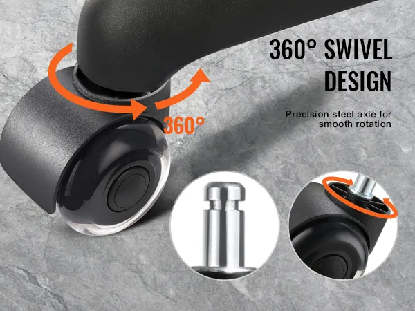 VEVOR office chair wheels showcasing 360-degree swivel design with precision steel axle for smooth rotation.