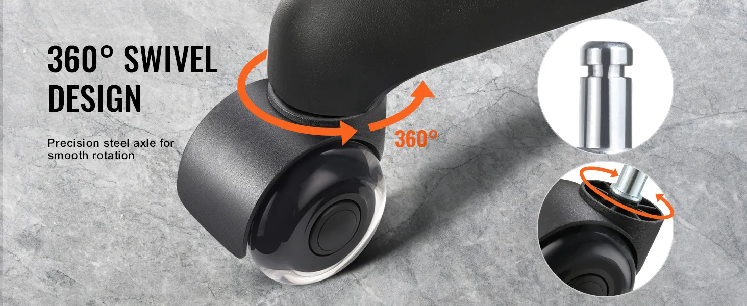 VEVOR office chair wheels showcasing 360-degree swivel design with precision steel axle for smooth rotation.
