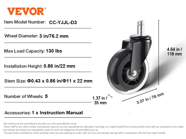 VEVOR office chair wheels, 3 in diameter, 130 lbs max load, 0.86 in stem size, pack of 5 wheels.