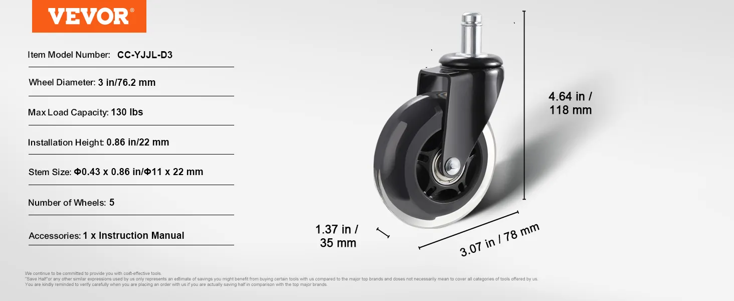 VEVOR office chair wheels, 3 in diameter, 130 lbs max load, 0.86 in stem size, pack of 5 wheels.