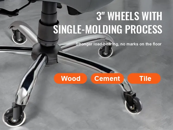 office chair base with VEVOR office chair wheels, 3" single-molding process, suitable for wood, cement, tile floors.