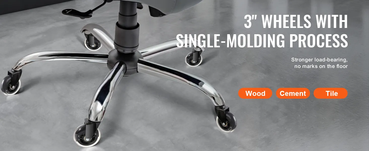 office chair base with VEVOR office chair wheels, 3" single-molding process, suitable for wood, cement, tile floors.