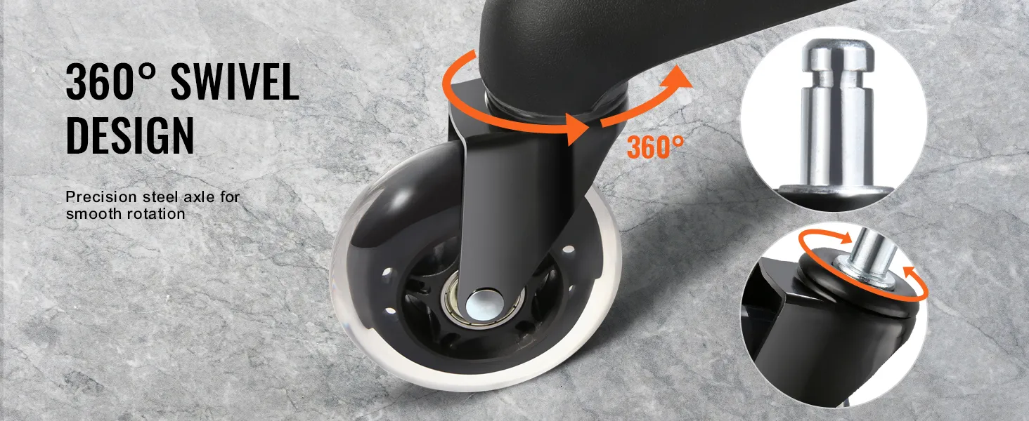 360° swivel design for VEVOR office chair wheels with precision steel axle for smooth rotation.