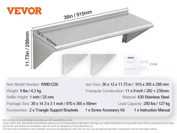 VEVOR roestvrijstalen plank, 91 x 30 x 29 cm, roestvrij staal 430, draagvermogen 113 kg, met beugels en schroeven.