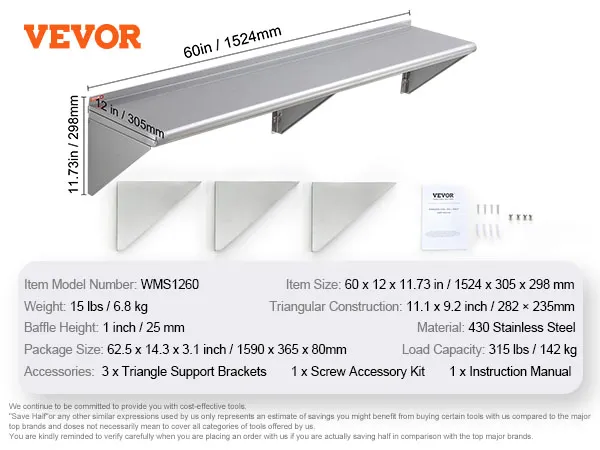VEVOR stainless steel shelf, 60x12x11.73in with 315 lbs load capacity, includes brackets and screws.