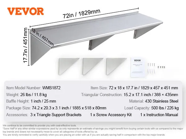 VEVOR stainless steel shelf, 72x18x17.7 inches with 500 lbs capacity and three support brackets.