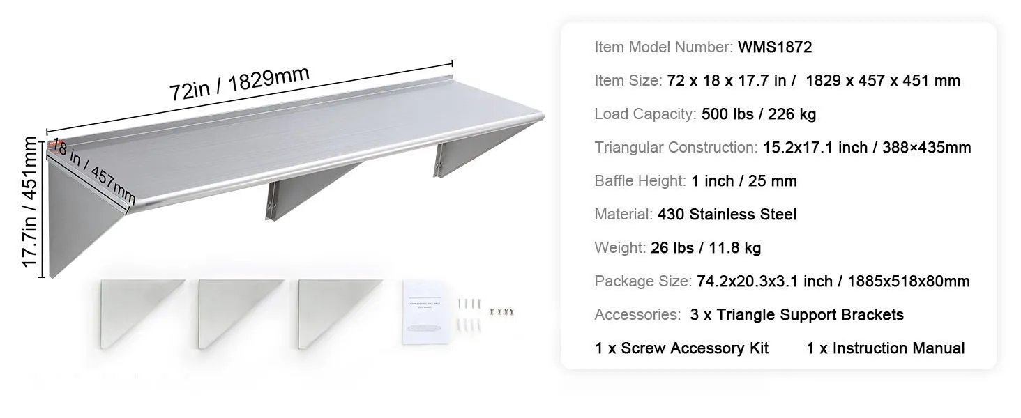 VEVOR stainless steel shelf, 72x18x17.7 inches with 500 lbs capacity and three support brackets.
