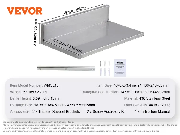 VEVOR roestvrijstalen plank met afmetingen 16x8,6x3,4 inch. Inclusief schroeven, beugels en handleiding.