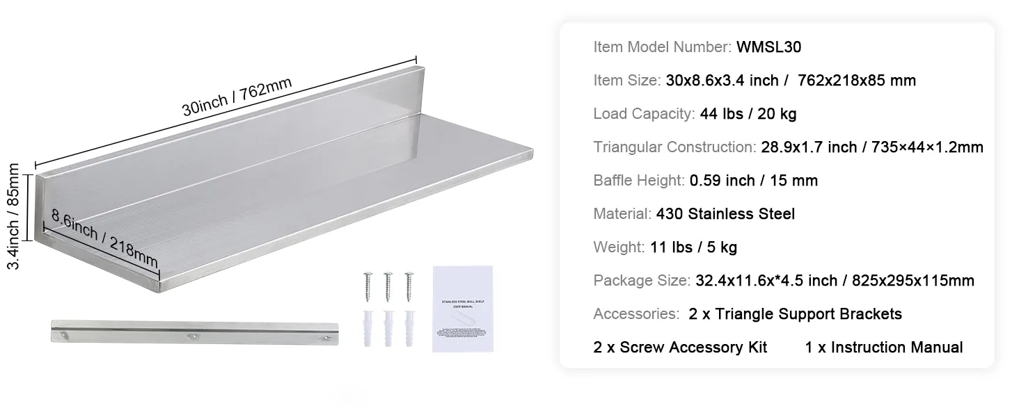 VEVOR stainless steel shelf with dimensions, load capacity info, and included accessories displayed.