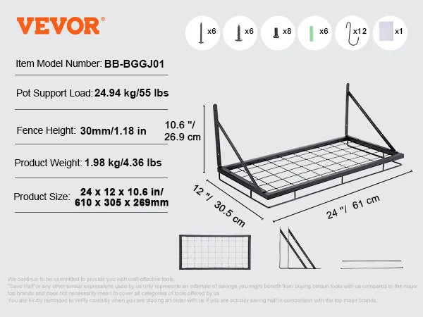 VEVOR pot rack: 24x12x10.6 inch with 55 lb load, 30mm fence, 6 screws, 12 hooks, 1.98 kg weight.