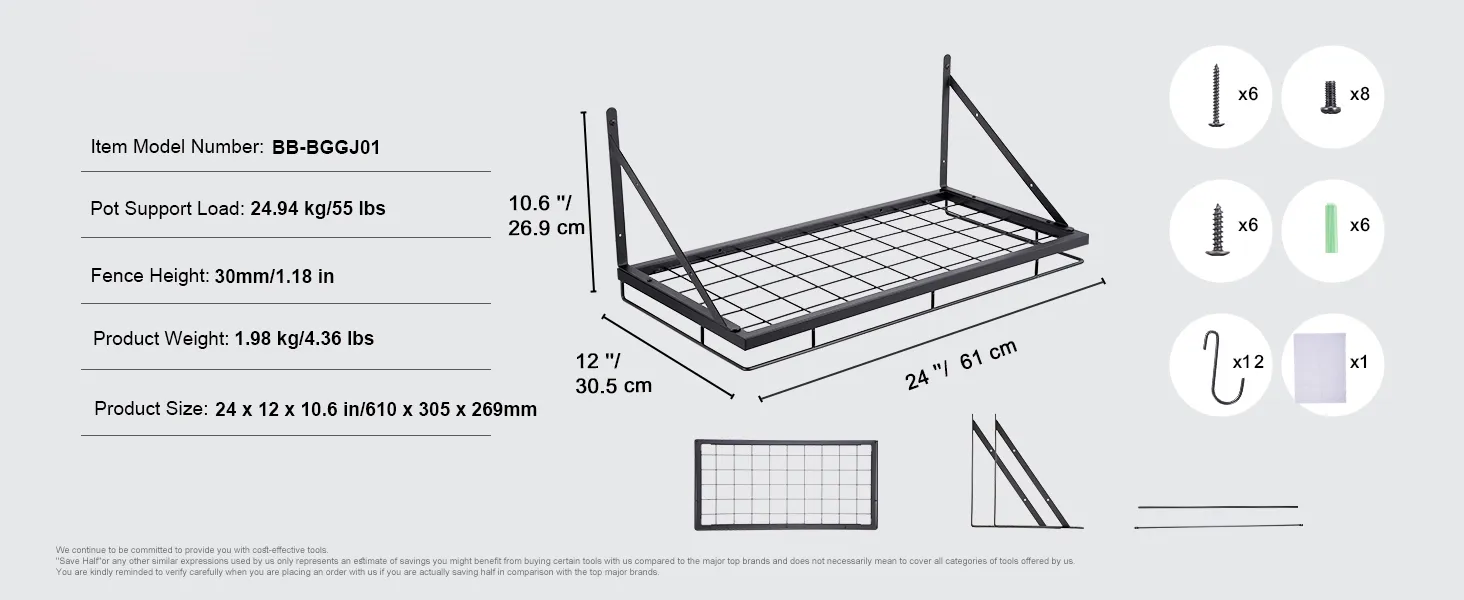 VEVOR pot rack: 24x12x10.6 inch with 55 lb load, 30mm fence, 6 screws, 12 hooks, 1.98 kg weight.