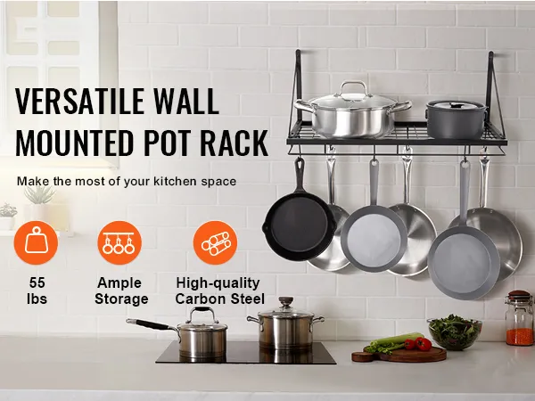 wall-mounted VEVOR pot rack with pots, pans, and utensils on a kitchen wall, showcasing storage options.