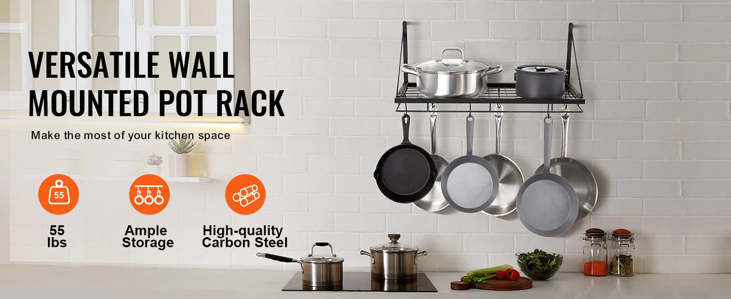wall-mounted VEVOR pot rack with pots, pans, and utensils on a kitchen wall, showcasing storage options.