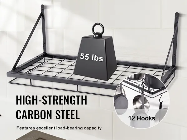 VEVOR pot rack in high-strength carbon steel holding a 55 lbs weight, with 12 hanging hooks.