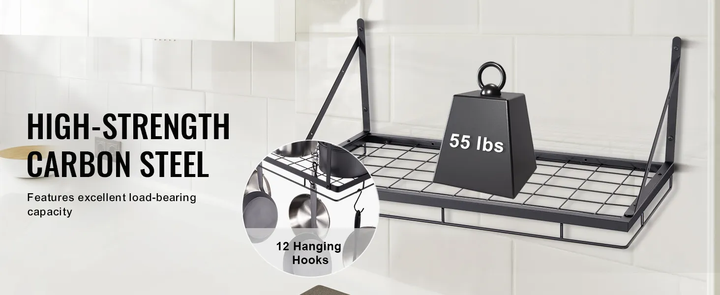 VEVOR pot rack in high-strength carbon steel holding a 55 lbs weight, with 12 hanging hooks.