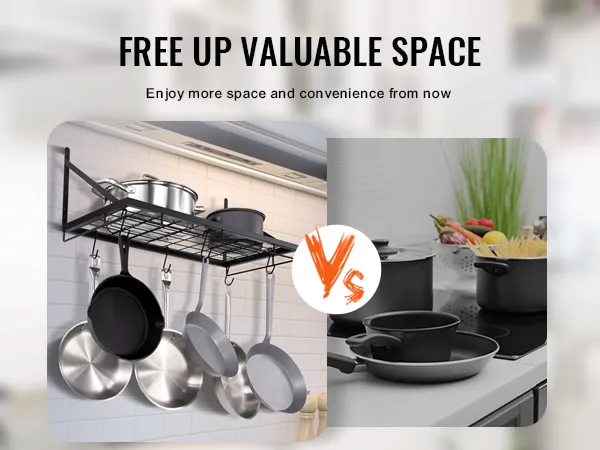 VEVOR pot rack with hanging pans next to organized kitchen counter with pots and cooking supplies.