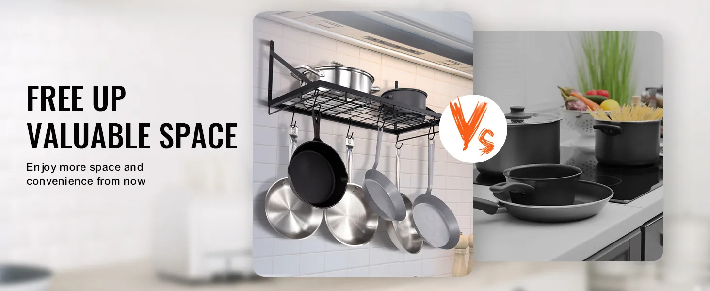 VEVOR pot rack with hanging pans next to organized kitchen counter with pots and cooking supplies.