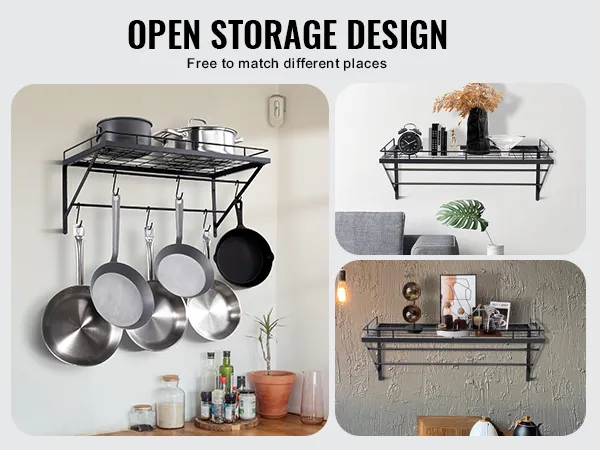 VEVOR pot rack showcasing open storage design, hanging pots, and stylish kitchen decor with shelves.