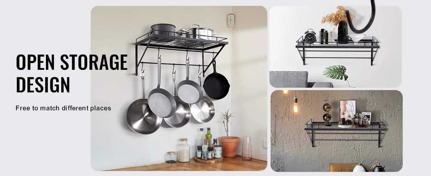 VEVOR pot rack showcasing open storage design, hanging pots, and stylish kitchen decor with shelves.