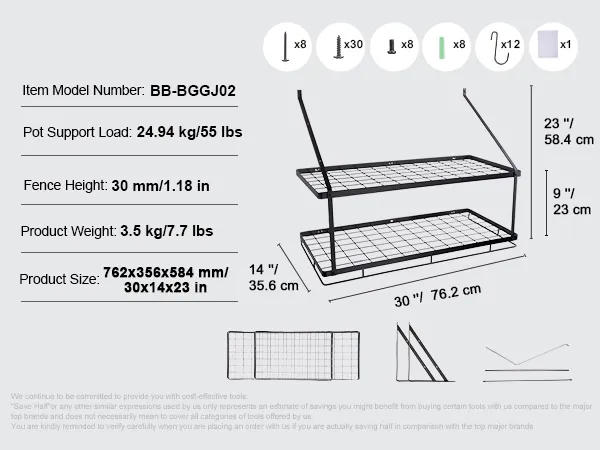 VEVOR pot rack, item bb-gggj02, 30x14x23 inches, supports 55 lbs, includes screws and hooks.