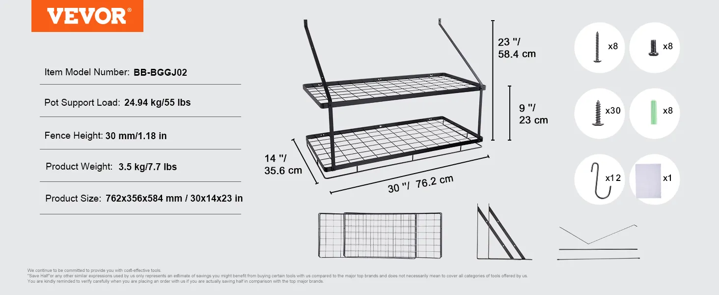 VEVOR pot rack, item bb-gggj02, 30x14x23 inches, supports 55 lbs, includes screws and hooks.