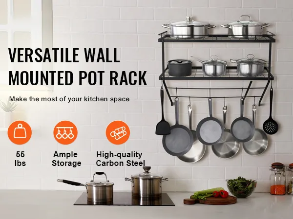 versatile wall-mounted VEVOR pot rack for 55 lbs, ample storage, and high-quality carbon steel.