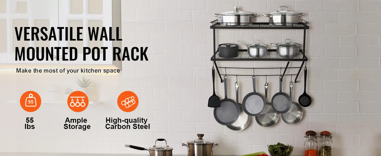 versatile wall-mounted VEVOR pot rack for 55 lbs, ample storage, and high-quality carbon steel.