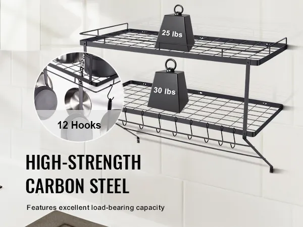 high-strength carbon steel VEVOR pot rack with two shelves holding weights and 12 hanging hooks.
