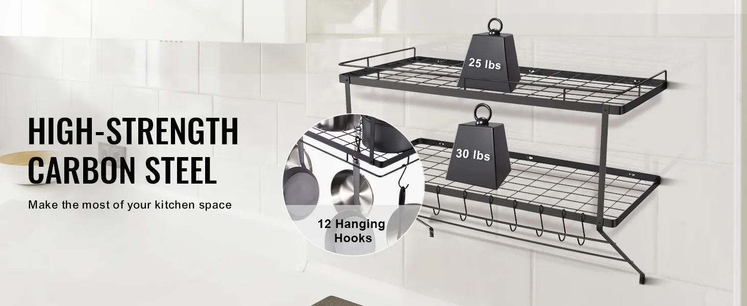 high-strength carbon steel VEVOR pot rack with two shelves holding weights and 12 hanging hooks.