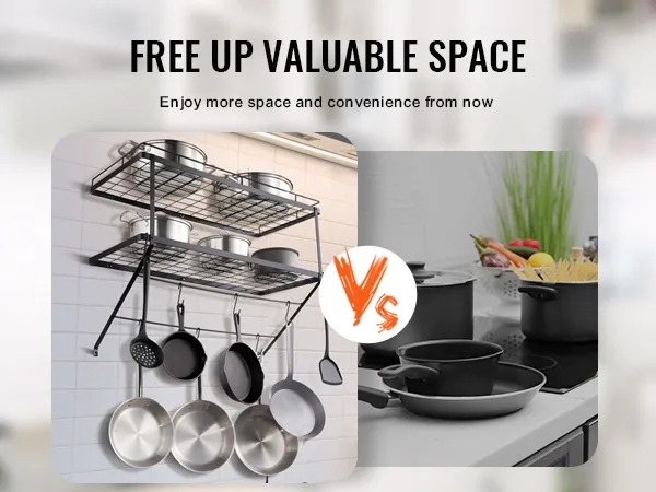 VEVOR pot rack organizing kitchen with hanging pots and pans, freeing up counter space.