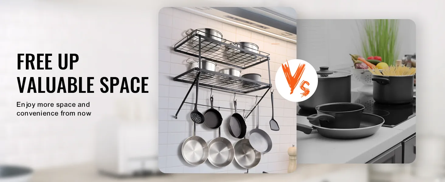 VEVOR pot rack organizing kitchen with hanging pots and pans, freeing up counter space.