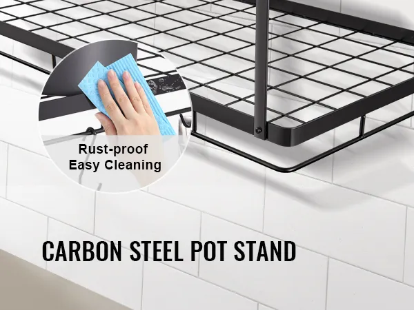 carbon steel VEVOR pot rack with rust-proof design and easy cleaning in a tiled kitchen setting.